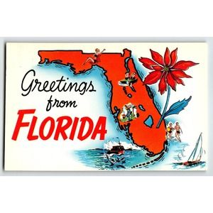 Postcard Greetings From Florida Map Chrome Key West Boats Beach Flower Unposted